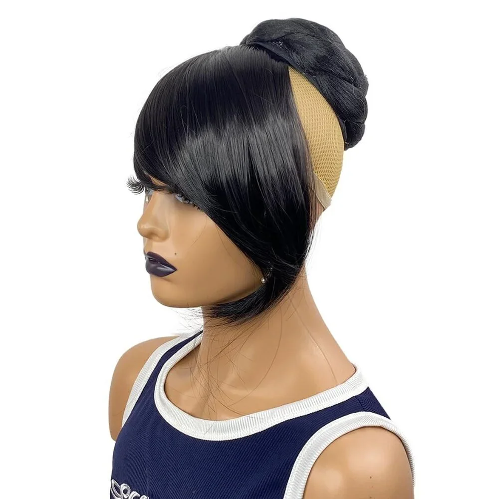 Hair Extension Bun with Bang Set Synthetic Black Large Twist Braided Style